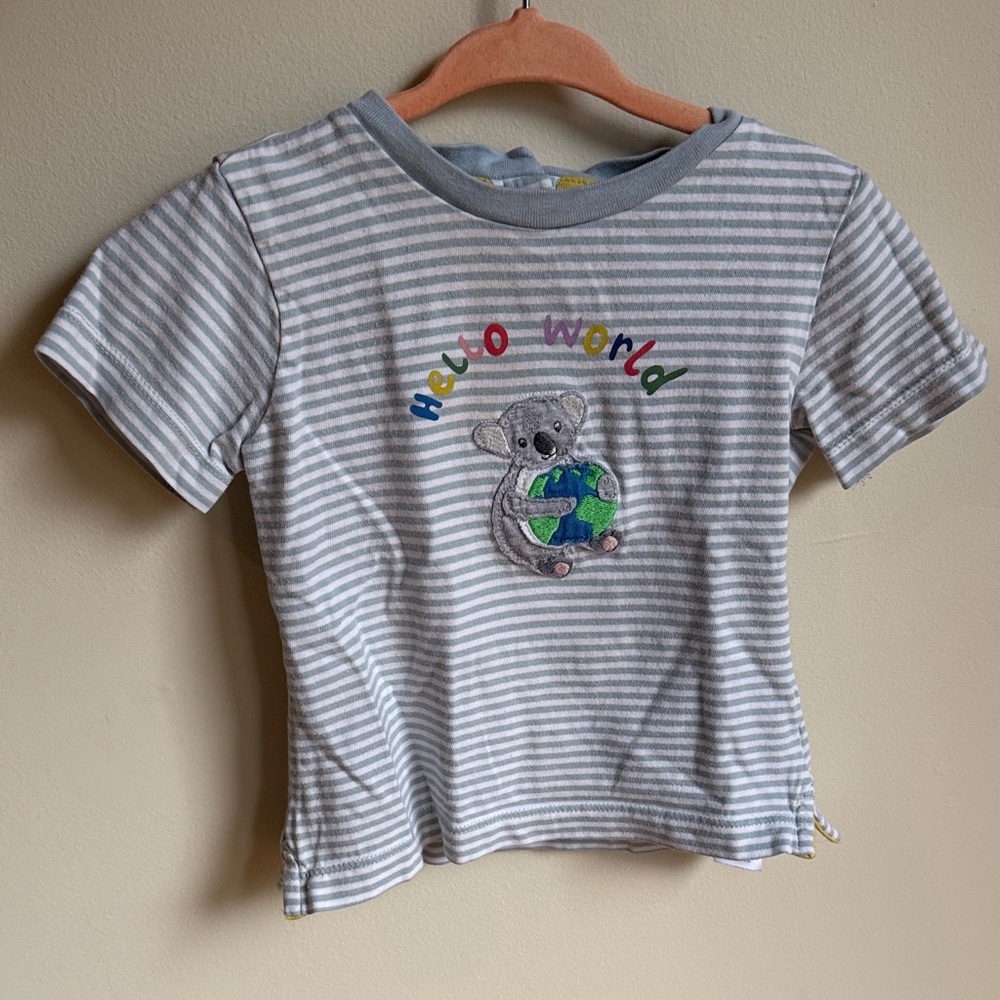 BABY BODEN - Striped Gray Kids Shirt with Embroidered Koala Design